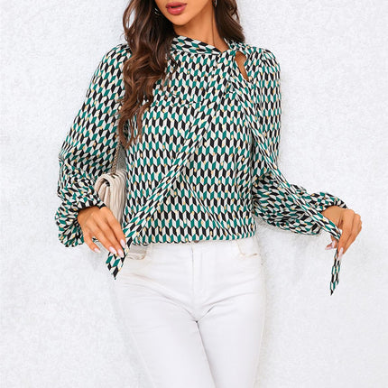 Geo Print Side Tie Blouse Top In Green