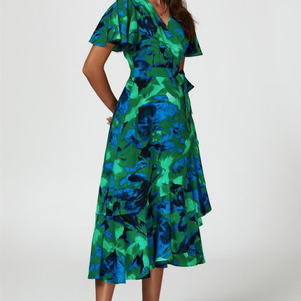 Abstract Print Midi Wrap Dress In Green