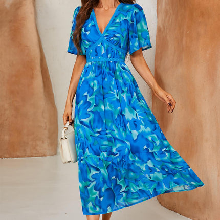 Abstract Floral Print Lace Detail Angel Sleeve Maxi Dress In Blue