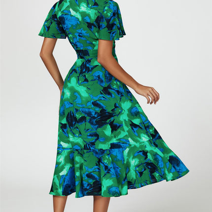 Abstract Print Midi Wrap Dress In Green