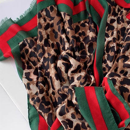 Leopard & Strip Print Fringed edges Scarf In Green & Red