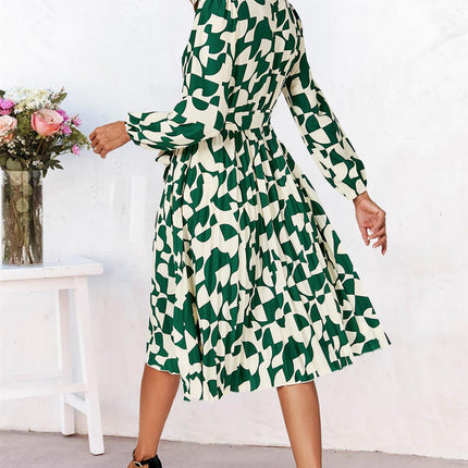 High Neck Long Sleeve Midi Dress In Green
