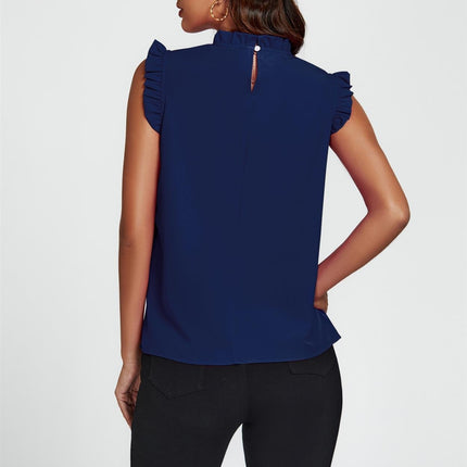 Frill Trim Sleeve Frill Neck Blouse Top In Navy