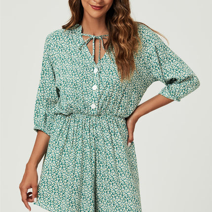 Daisy Floral Print Boho Playsuit With Buttons In Green