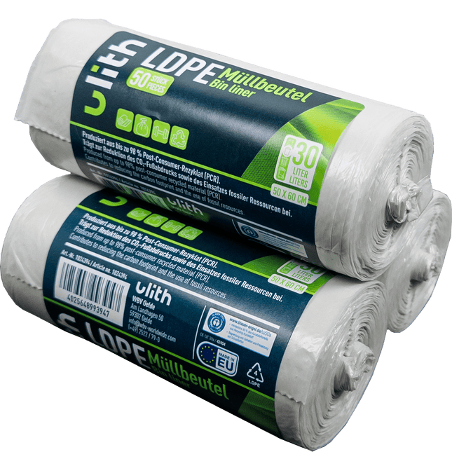 SEO. 30L LDPE Müllbeutel - 9 my - 98% PCR - Blauer Engel - Made in EU - 1 Linkreich