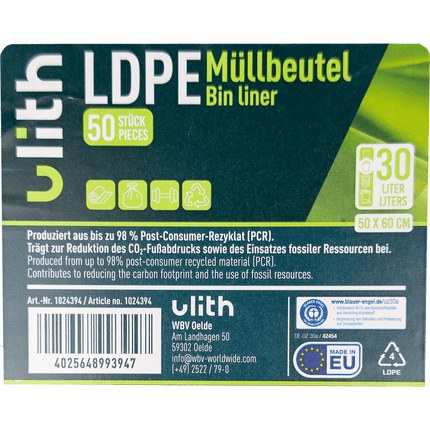 SEO. 30L LDPE Müllbeutel - 9 my - 98% PCR - Blauer Engel - Made in EU - 1 Linkreich