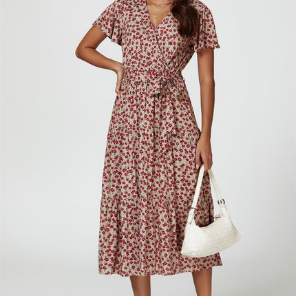 Pink Floral Print Wrap Midi Dress In Beige