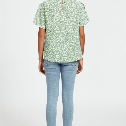 Little Floral Print Angle Sleeve High Neck Top/Blouse In Green