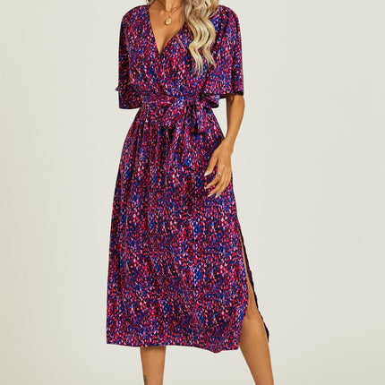 Angel Sleeve Wrap Top Midi Dress In Blue