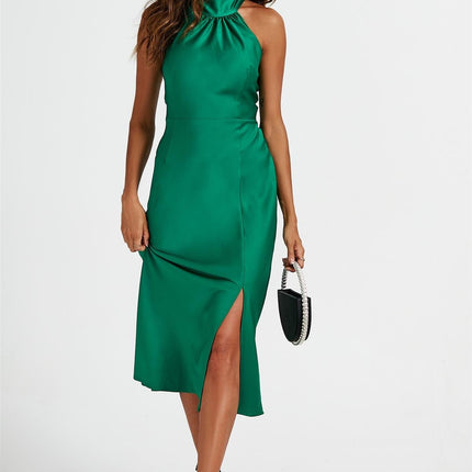 Satin Halter Neck Tie Back Midi Dress In Green