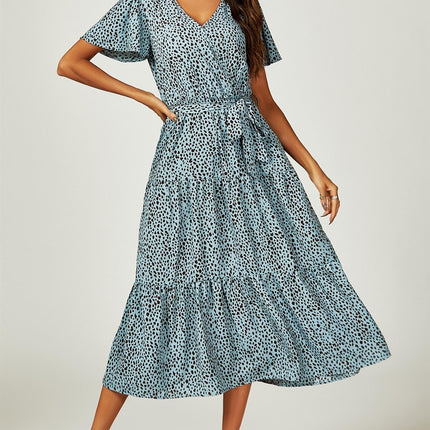 Leopard Print Hem Tiered Wrap Midi Dress In Blue