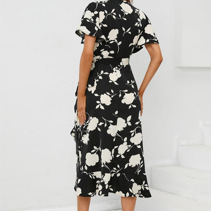 Angel Sleeve Wrap Midi Dress In Black