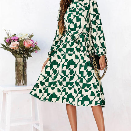 High Neck Long Sleeve Midi Dress In Green