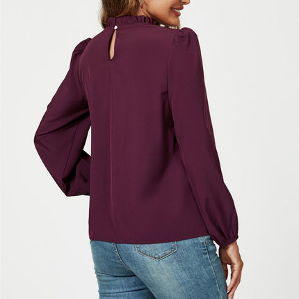 Frill Detail High Neck Top In Plum