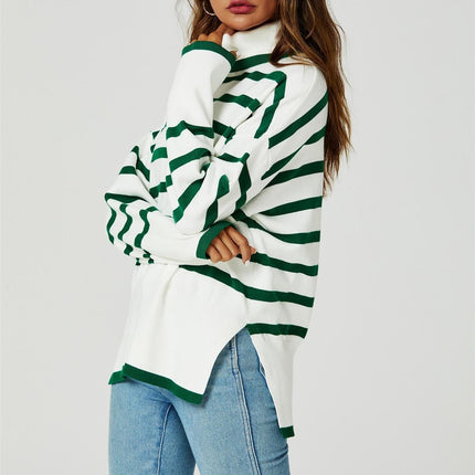 Stripes Pattern Turtleneck Jumper Top In Green