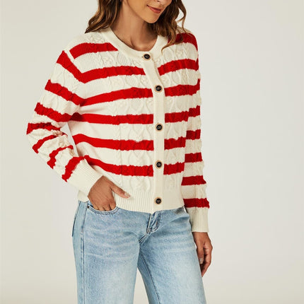 Stripe Pattern Knitted Cardigan In Red