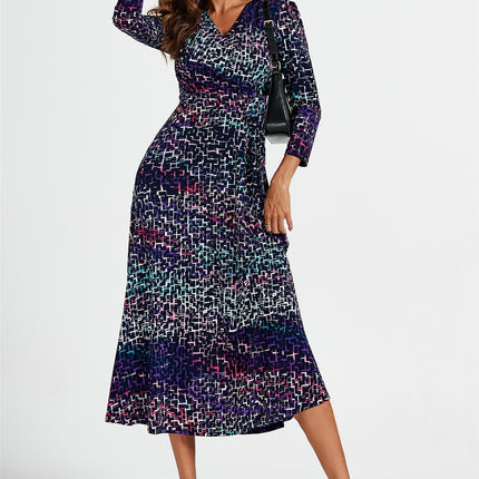 Geometric Print Wrap Top Midi Dress In Navy