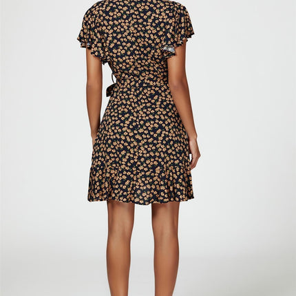 Floral Print Wrap Top Dress In Navy