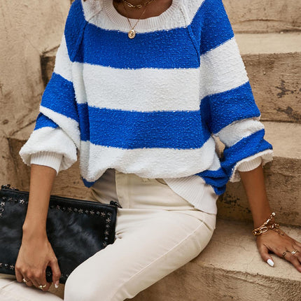 Blue Stripe Relaxed Knit Jumper Top In White
