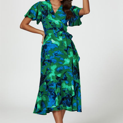 Abstract Print Midi Wrap Dress In Green