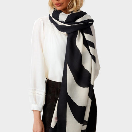 Black Abstract Print Fringed edges Scarf In Beige