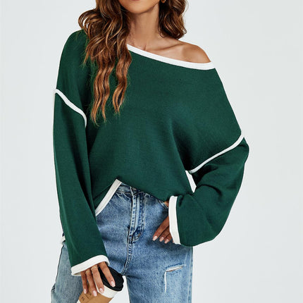 White Striped Oversized Jumper Top In Dark Green