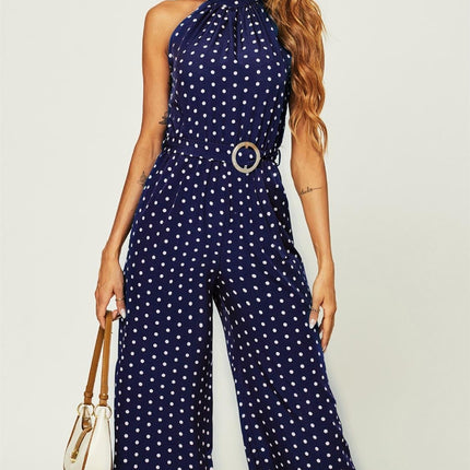 High Neck Jumpsuit In Navy Polka Dot