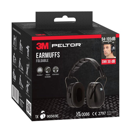 3M™ Kapselgehörschützer mit faltbarem Kopfbügel 90563E, SNR-Wert 30 dB, Schwarz | Packung (1 Stück)