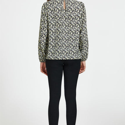 Multi Floral Print Frill Detail High Neck Top In Yellow