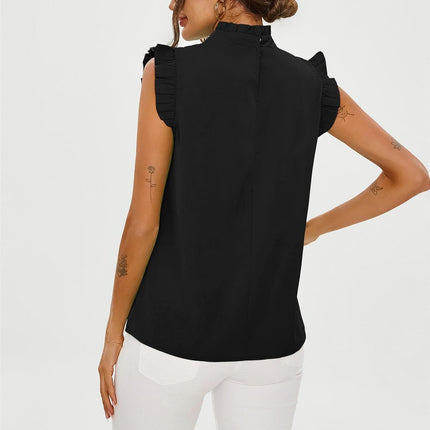 Frill Trim Sleeve High Neck Blouse Top In Black