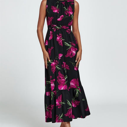 Floral Print Halterneck Maxi Dress In Black