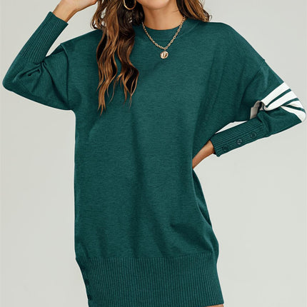 Knitted Tunic Jumper Dress With White Stripe In Dark Green