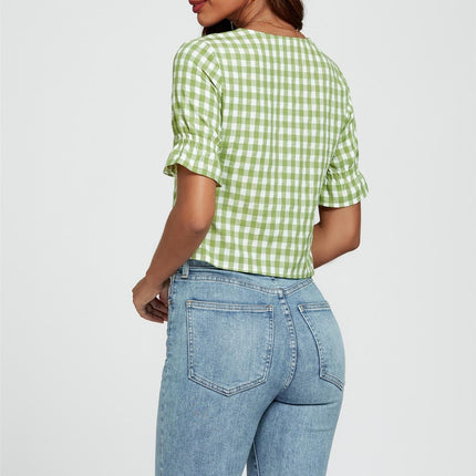 Check Print Tie Front Top In Green