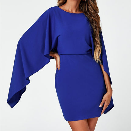 Back Detail Mini Dress With Cape In Blue