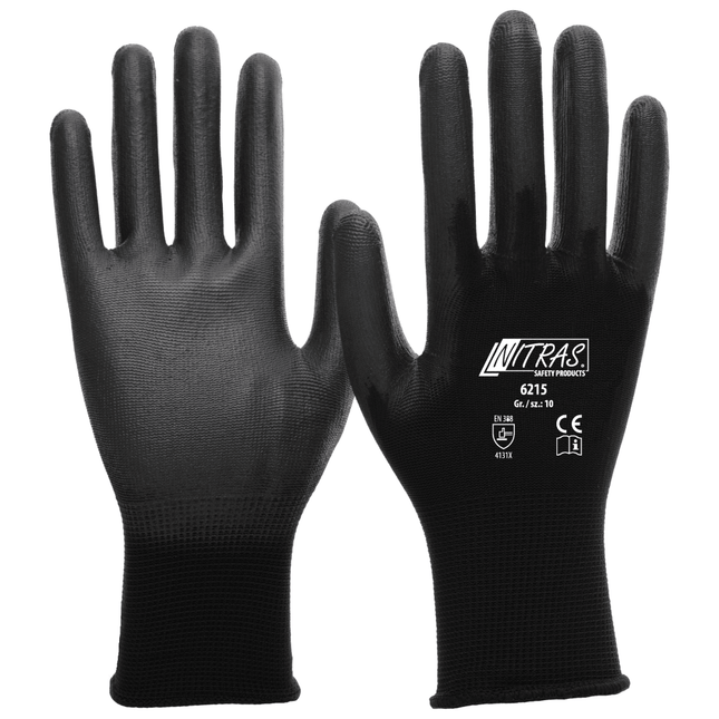 NITRAS Nylonhandschuhe, schwarz, PU-beschichtet, teilbeschichtet