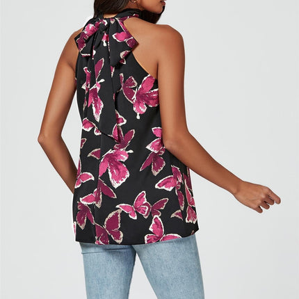 Butterfly Print Halter Neck Tie Back Top In Black