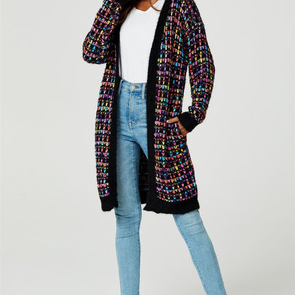 Rainbow Multicolour Speckles Boucle Check Cardigan In Black