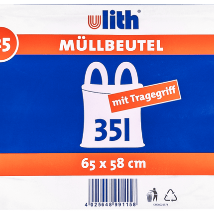 SEO. 35L Müllbeutel mit Tragegriff - Transparent - Reißfest & Flüssigkeitsdicht - 20 Linkreich