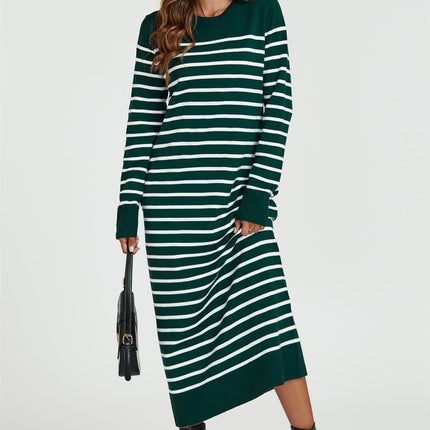 Stripe Pattern Knitted Tunic Jumper Dress In Dark Green