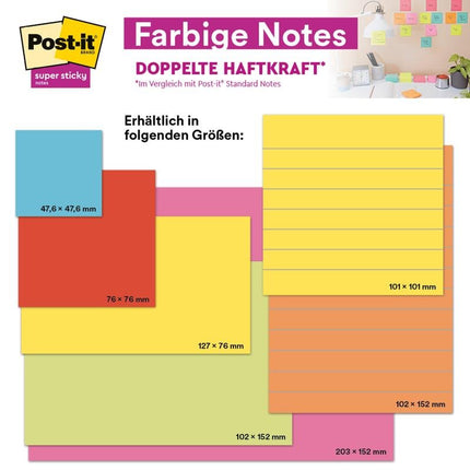 Post-it® Super Sticky Notes, 76 mm x 127 mm, 90 Blatt/Block, 100% PEFC