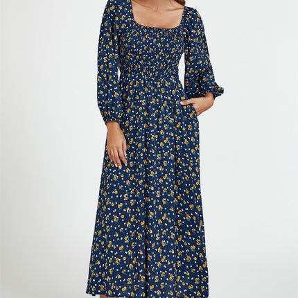 Floral Print Square Neck Maxi Dress In Dark Blue