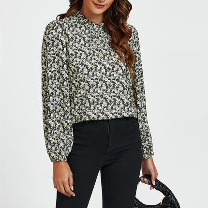 Multi Floral Print Frill Detail High Neck Top In Yellow