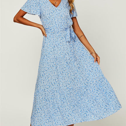 Floral Print Hem Tiered Wrap Midi Dress In Blue