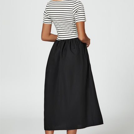 Short Sleeve Black Stripe Midi Dress In White