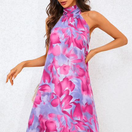 Abstract Floral Print Halter Neck Tie Back Mini Dress In Pink