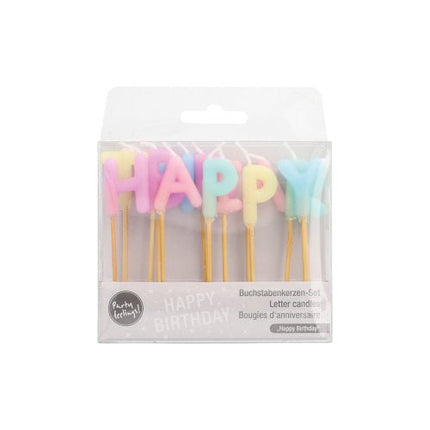 PAPSTAR Buchstabenkerzen "Happy Birthday" pastell, 8 cm hoch | Karton (12 Packungen)