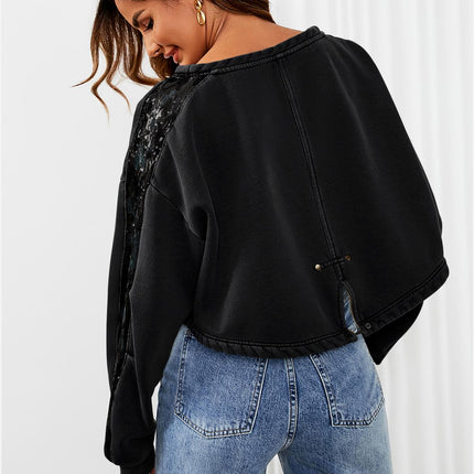 Oversized Sequin Detail Cropped Sweatshirt In Black