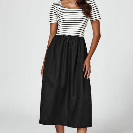 Short Sleeve Black Stripe Midi Dress In White