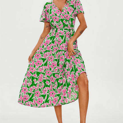 Pink Floral Print Hem Tiered Wrap Midi Dress In Green