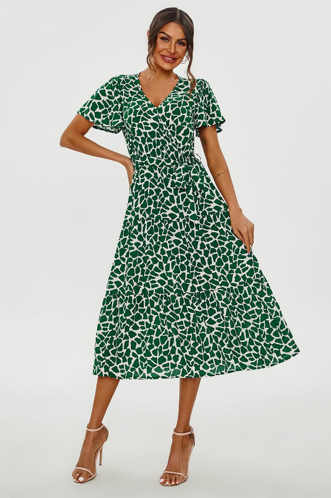 Geo Print Hem Tiered Wrap Midi Dress In Green
